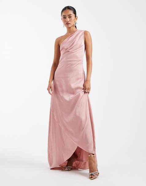TFNC - Robe longue et asymétrique pour demoiselle d'honneur en satin à jupe portefeuille - Rose - view 1