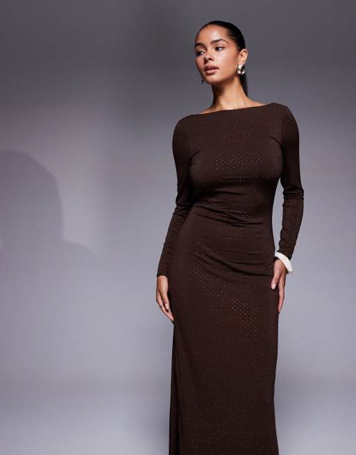 TFNC - Robe longue et ornementée à dos bénitier - Chocolat, 4 de 4