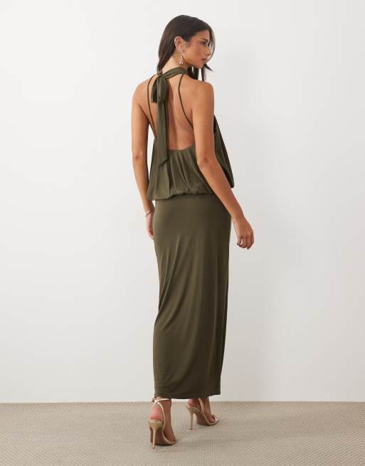 TFNC robe longue fluide à col montant, détail dos nu et dos ouvert, couleur olive, 4 de 4