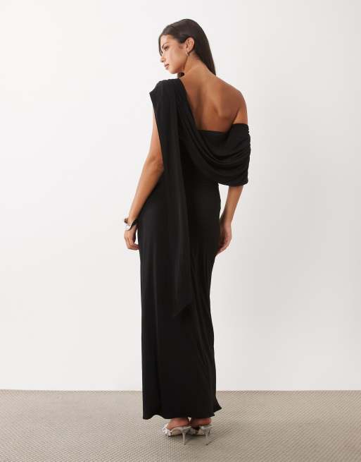 TFNC robe longue fluide à épaules dénudées avec détail noué et drapé noire, 4 de 4