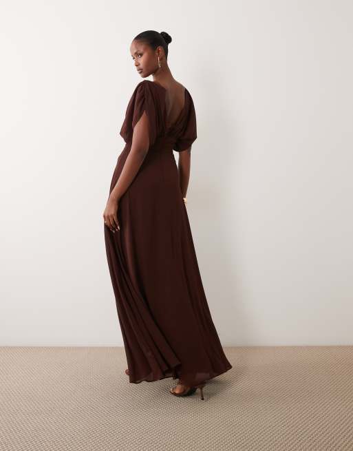 TFNC - Robe longue plissée de demoiselle d'honneur en mousseline - Chocolat, 2 de 4