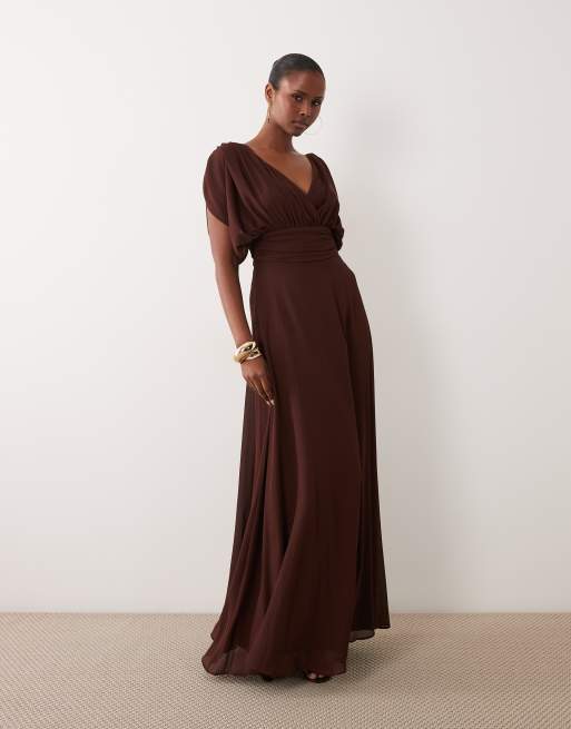 TFNC - Robe longue plissée de demoiselle d'honneur en mousseline - Chocolat, 4 de 4