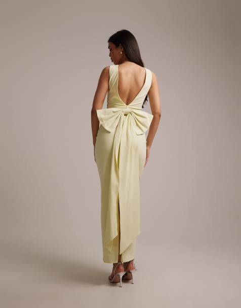 TFNC - Robe longue pour demoiselle d'honneur en bengaline à nœud amovible dans le dos - Jaune - view 1