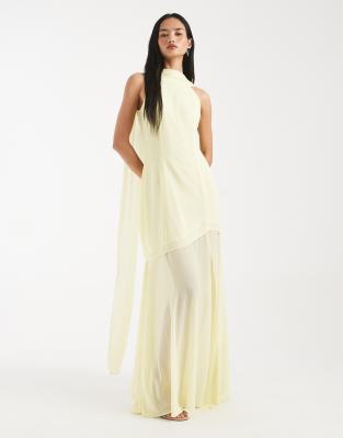 TFNC - Robe longue pour demoiselle d'honneur en mousseline avec cape et jupe transparentes - Beurre citron-Jaune