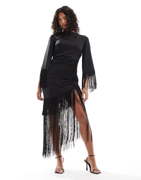 TFNC - Robe longue satinée à franges - Noir - view 1
