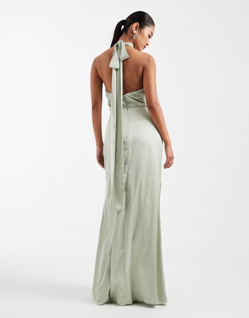 TFNC - Robe plissée longue pour demoiselle d'honneur en satin à dos nu - Vert sauge , 2 de 4