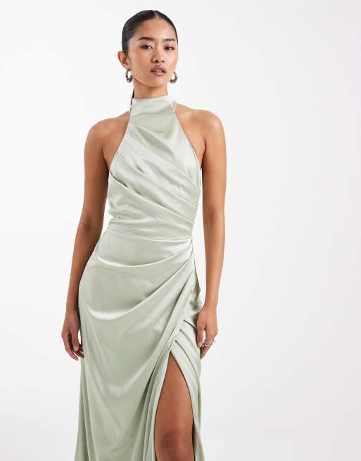 TFNC - Robe plissée longue pour demoiselle d'honneur en satin à dos nu - Vert sauge , 3 de 4