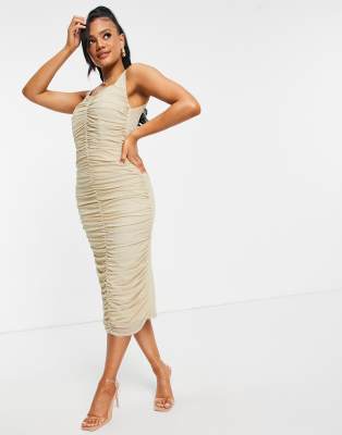 gold ruched bodycon dress