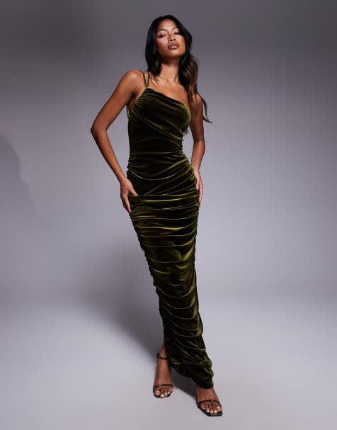 TFNC ruched one-shoulder maxi dress in olive green velvet - view 1