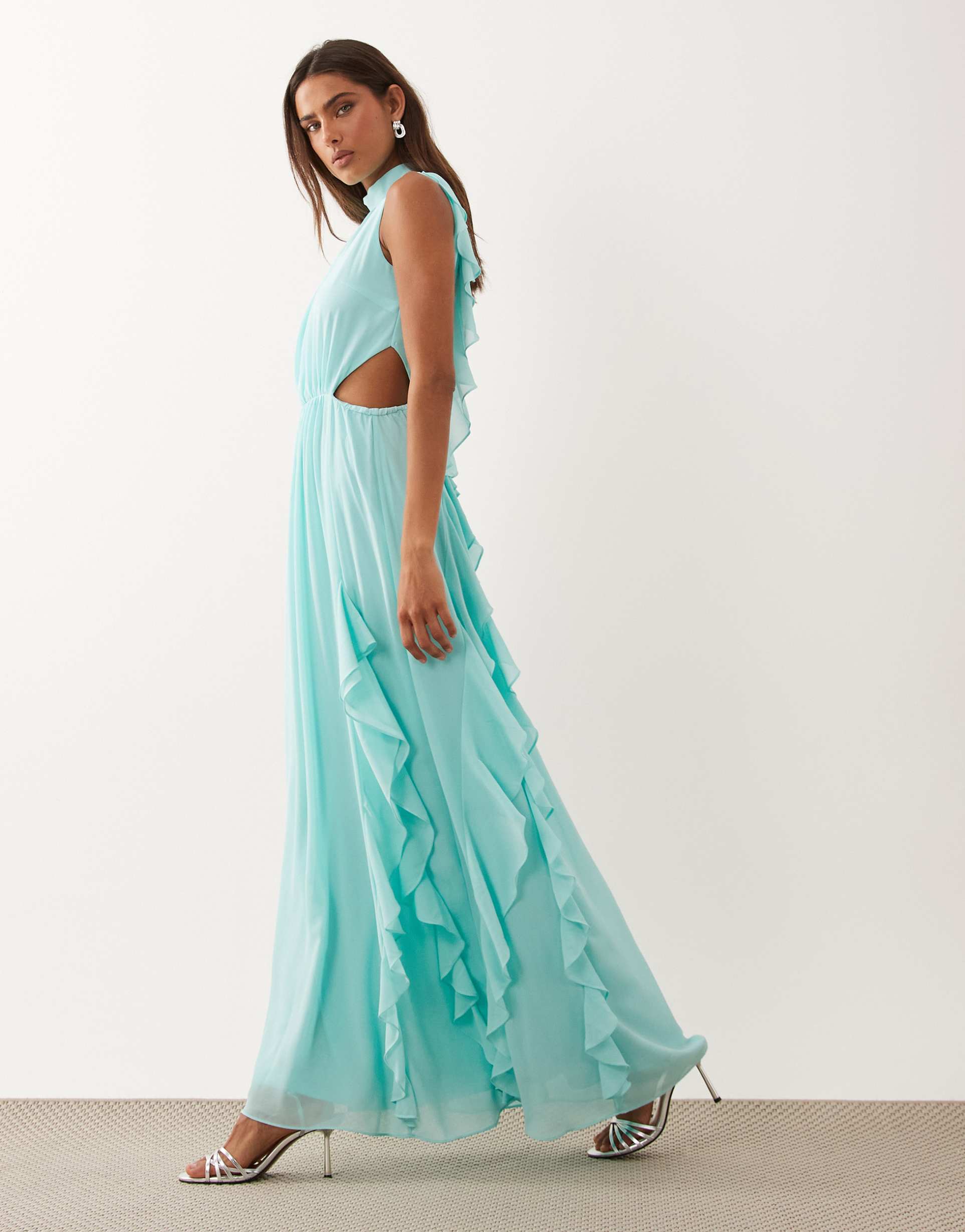 tfnc ruffle detail high neck maxi dress with open back and thigh slit in aqua