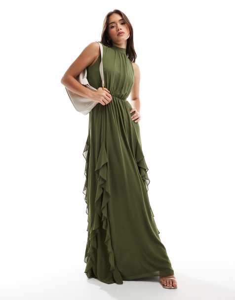 TFNC ruffle detail maxi dress with open back and thigh split in soft olive - view 1
