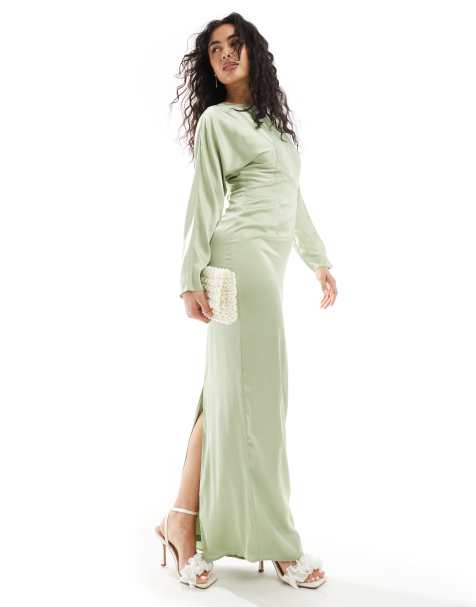 TFNC – Salviagrön maxiklänning i satin med hög ringning - view 1