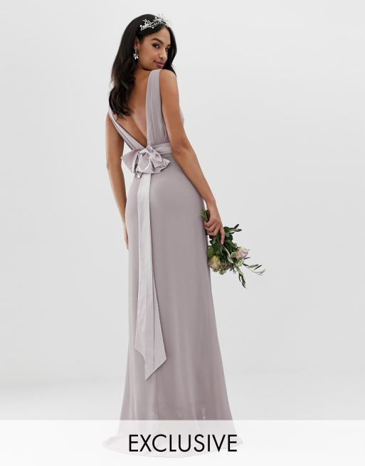TFNC sateen bow back maxi bridesmaid dress in grey ASOS TFNC sateen bow back maxi bridesmaid dress in grey ASOS