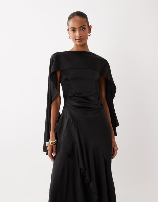 TFNC - Satijnen maxi-jurk met cape-top en rok met overslag in zwart, 4 van 4
