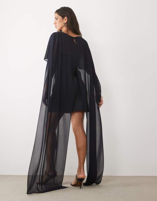 TFNC Satin-Bandeau-Minikleid mit Mesh-Cape in Marineblau, 3 von 4