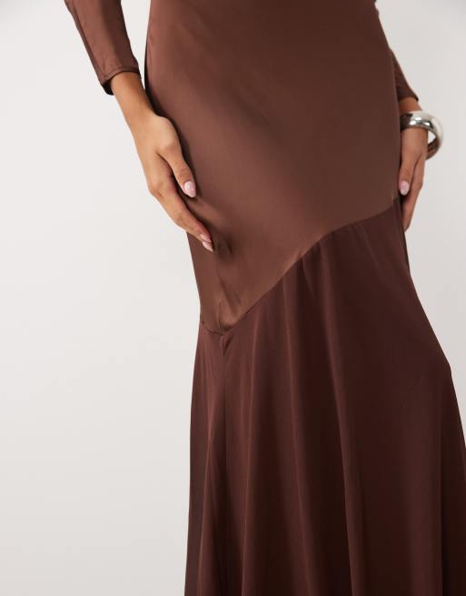 TFNC satin bias round neck asymmetric chiffon skirt maxi dress in chocolate, 3 of 4