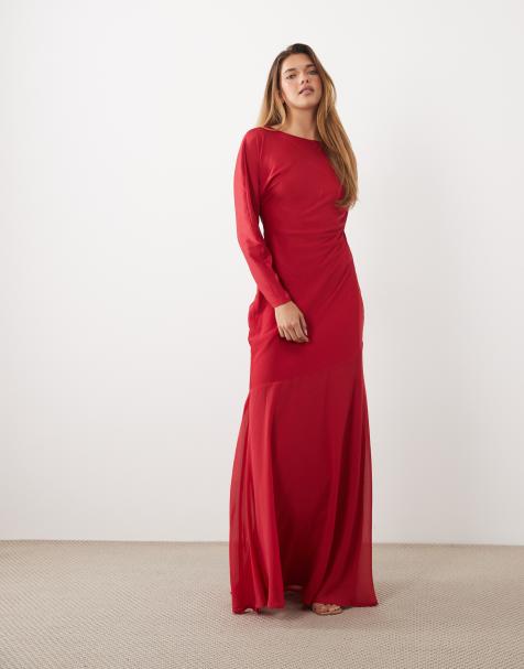 TFNC satin bias round neck chiffon hem maxi dress in red - view 1