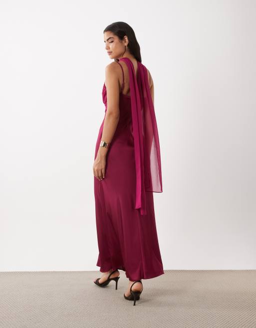 TFNC satin bust chiffon scarf detail maxi dress in raspberry, 3 of 4