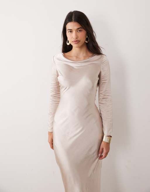 TFNC satin cowl boat neck flared sleeve maxi dress in soft gold, 4 of 4