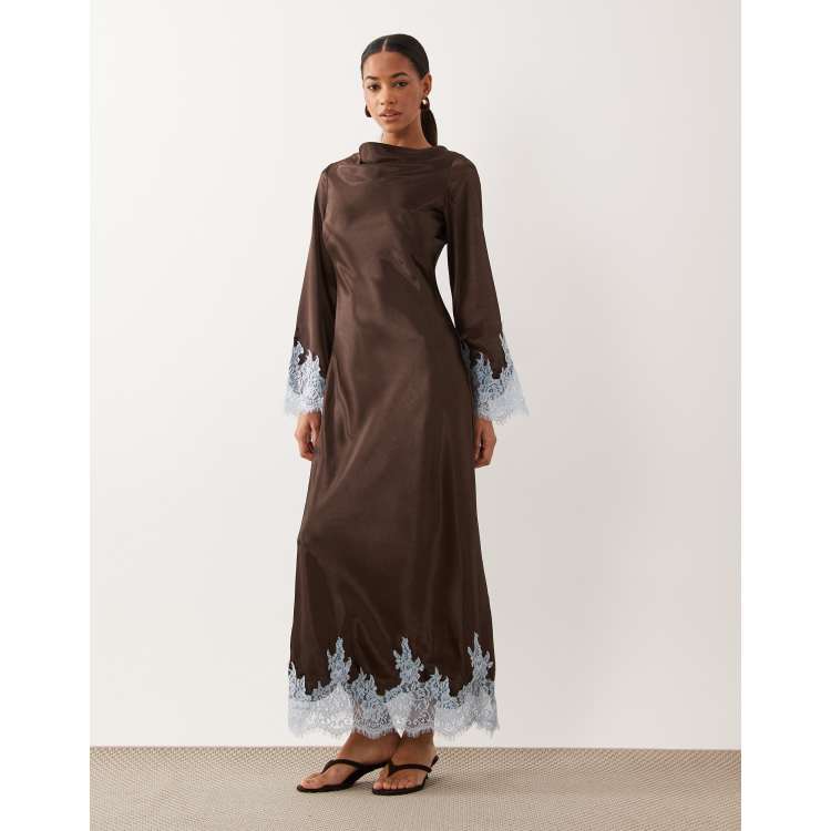TFNC satin cowl neck contrast lace trim bell sleeve maxi dress in chocolate  | ASOS