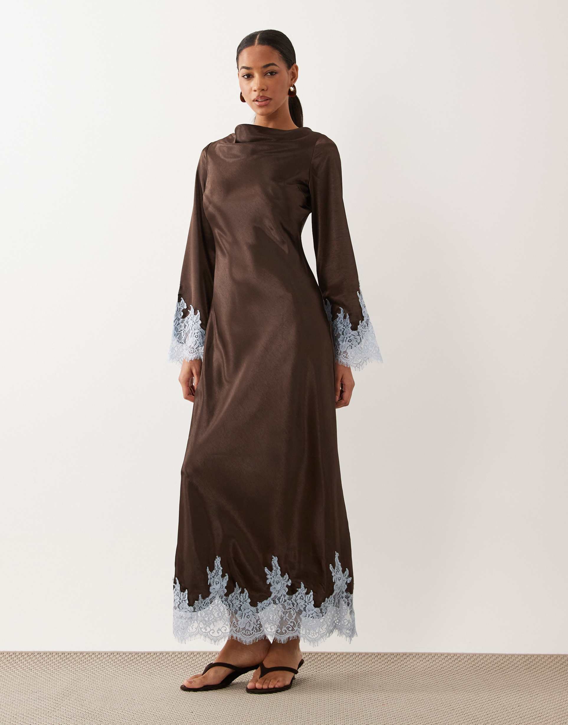 tfnc satin cowl neck contrast lace trim bell sleeve maxi dress in chocolate