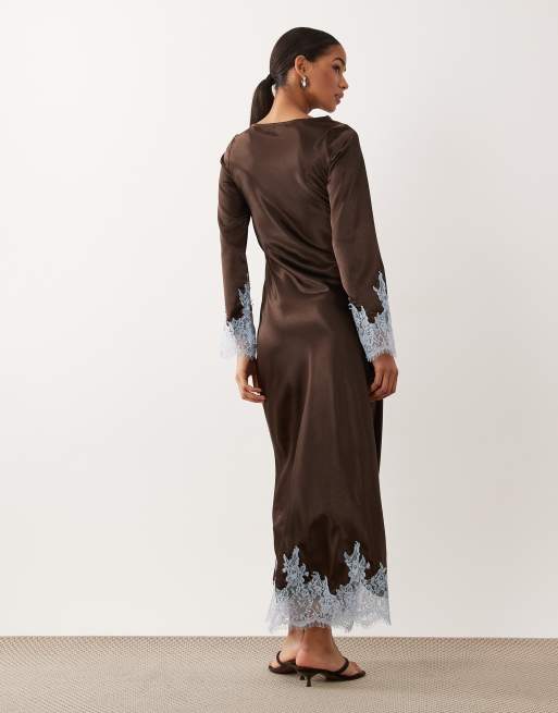 TFNC satin cowl neck contrast lace trim bell sleeve maxi dress in chocolate  | ASOS
