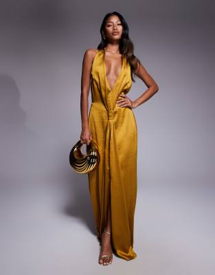 TFNC TFNC satin deep v halter neck knot detail drape front maxi dress in mustard-Yellow