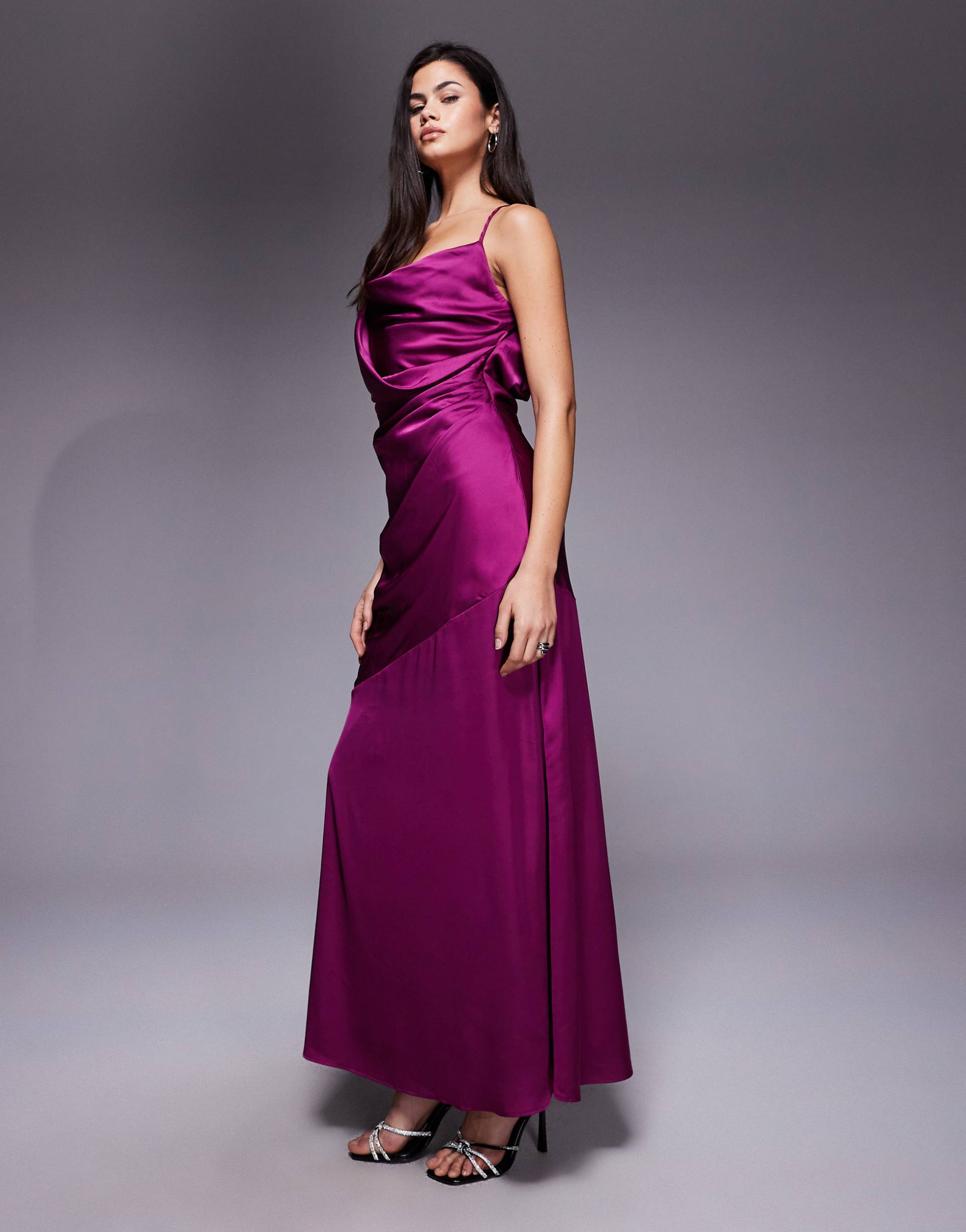 tfnc satin draped neck cross back maxi dress in plum
