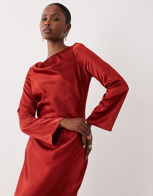 red long sleeve satin dress Boat neck - Silk Dress - Prom Dress - Dark Dress - Wedding Dress - Bridesmaid Dresses animal welfare Red Silk Blend Mini Wrap