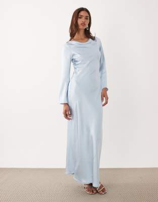 Tfnc Satin Flared Long Sleeve Maxi Dress In Blue