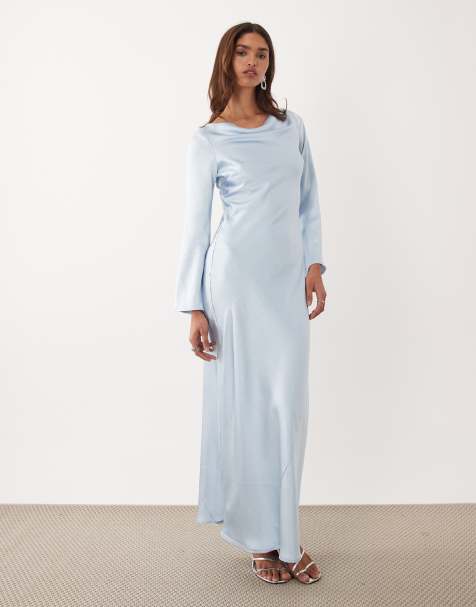 TFNC satin flared long sleeve maxi dress in light blue - view 1