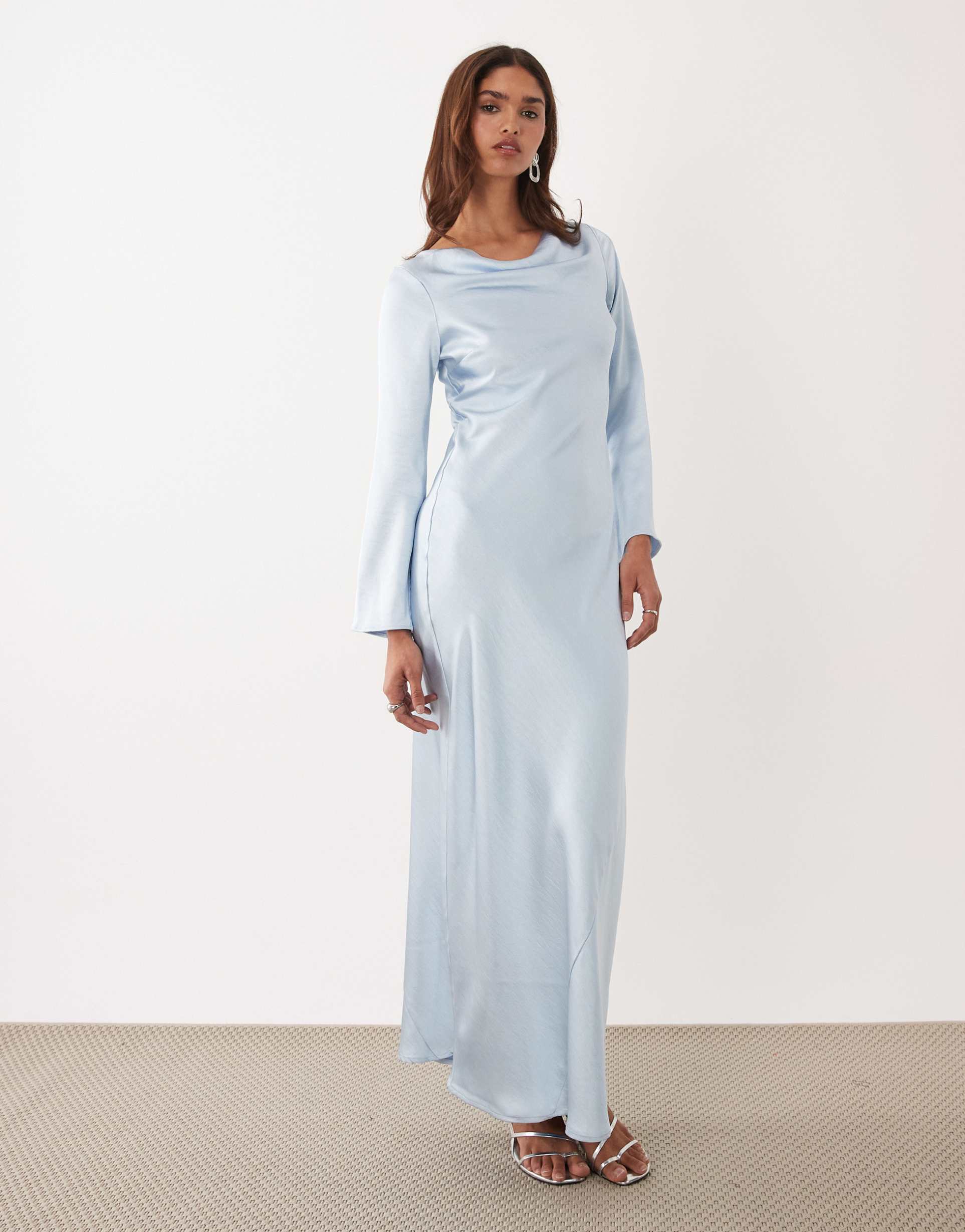 tfnc satin flared long sleeve maxi dress in light blue