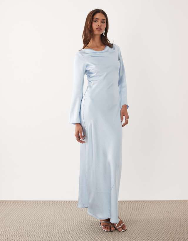TFNC satin flared long sleeve maxi dress in light blue