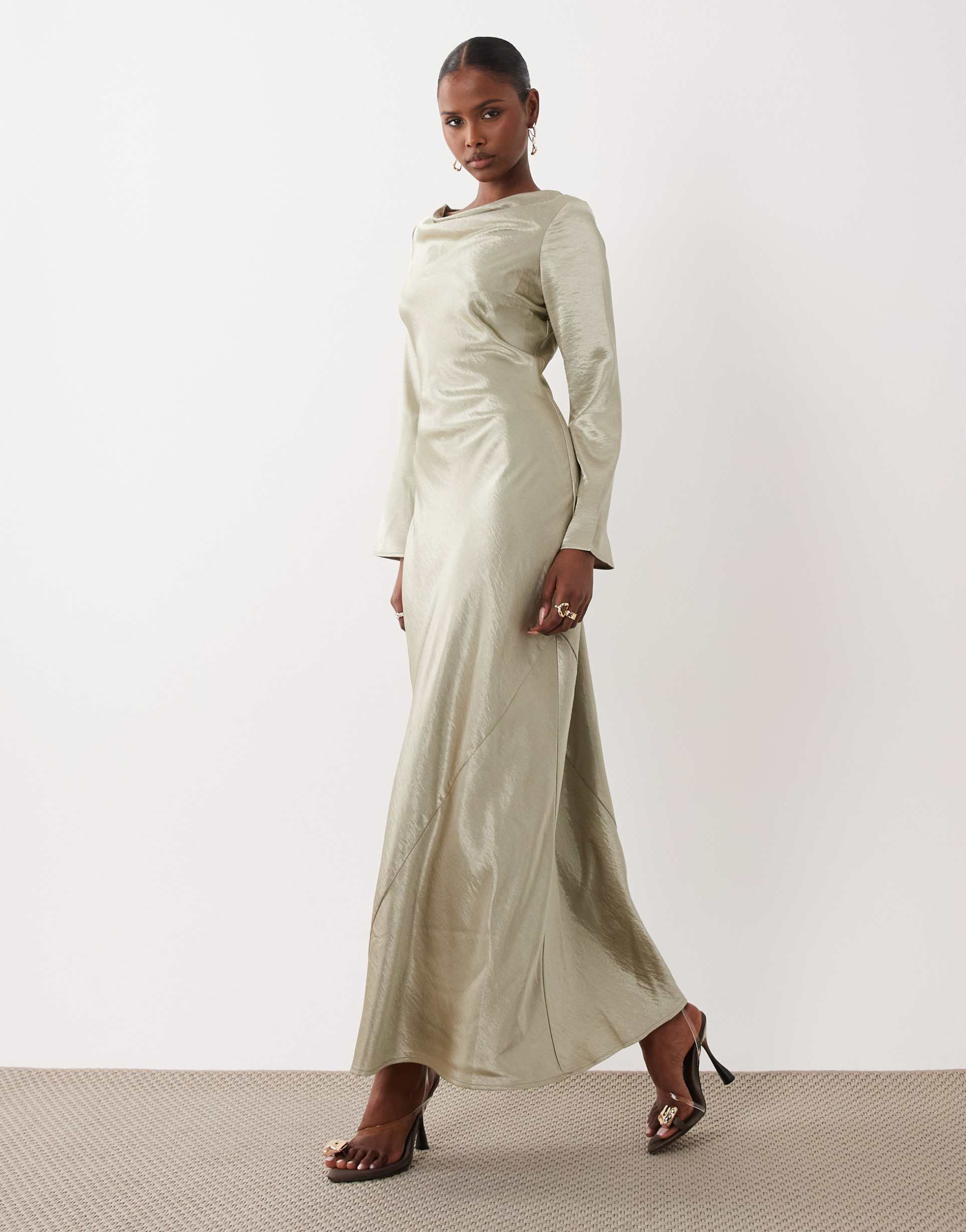 tfnc satin flared long sleeve maxi dress in light olive