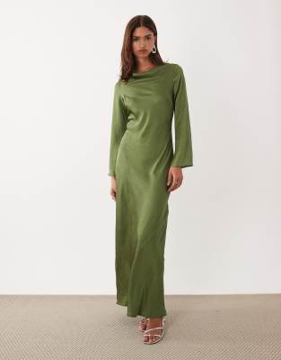 Tfnc Satin Flared Long Sleeve Maxi Dress In Green