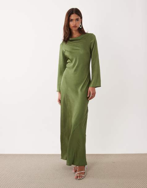 TFNC satin flared long sleeve maxi dress in olive - view 1