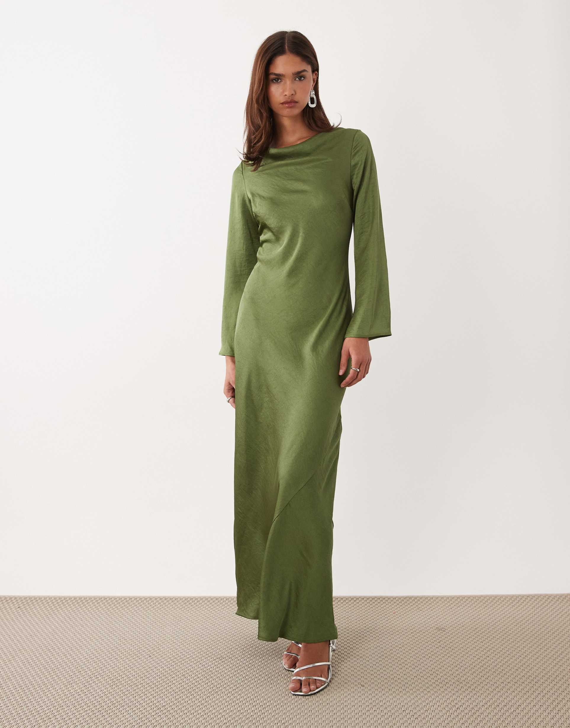 tfnc satin flared long sleeve maxi dress in olive