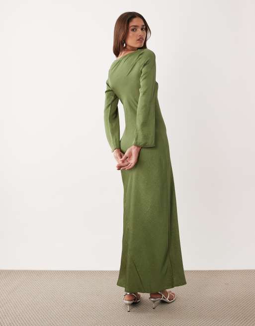 TFNC satin flared long sleeve maxi dress in olive | ASOS