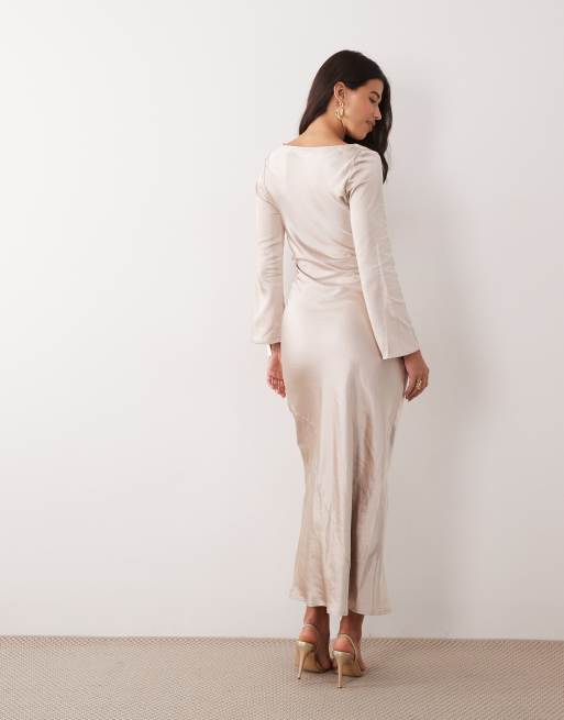 TFNC satin flared long sleeve maxi dress in soft gold, 3 of 4