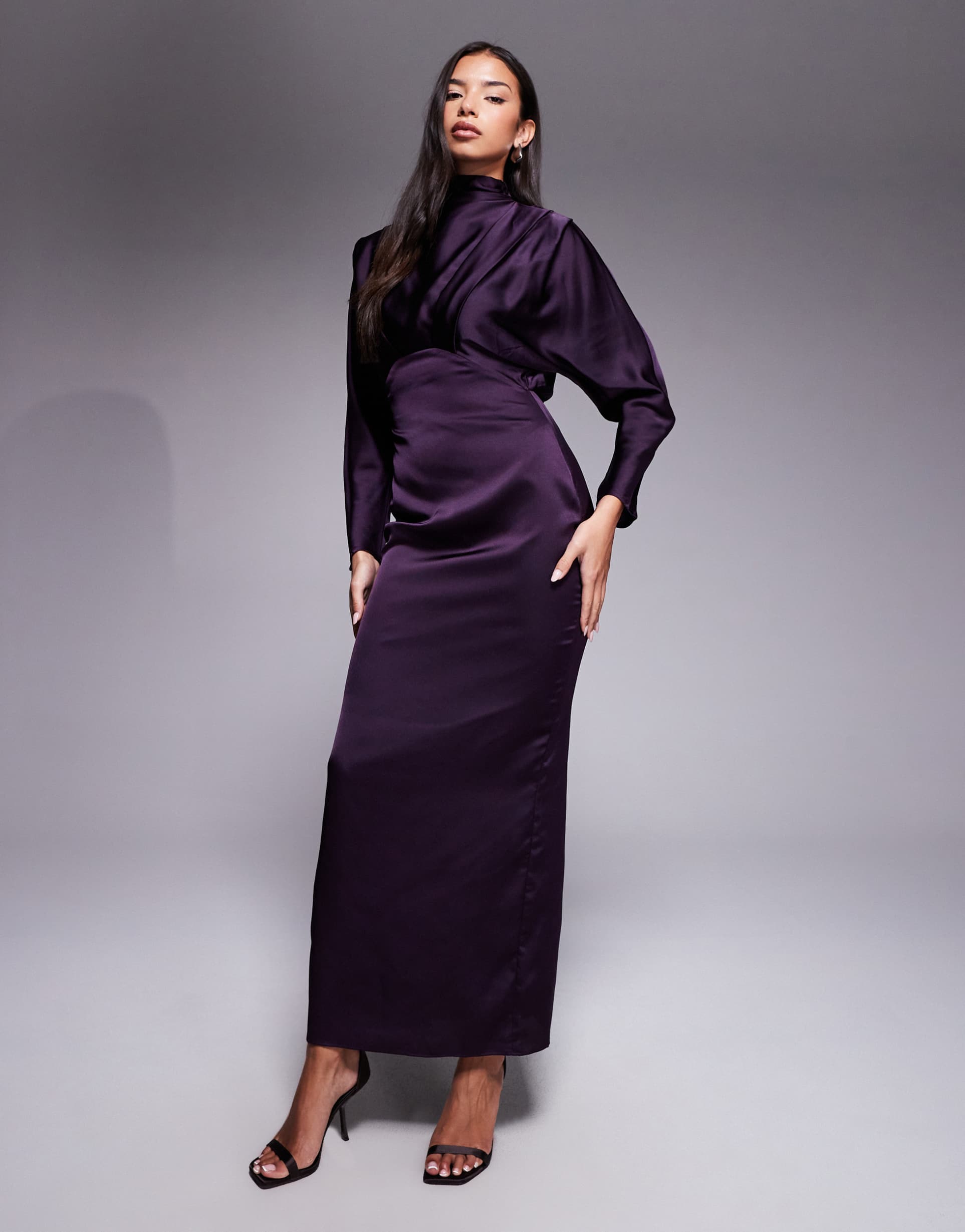 tfnc satin high neck fold over detail maxi dress in plum