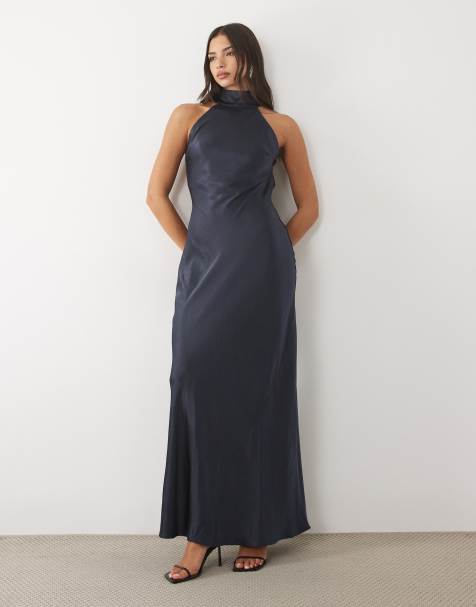 TFNC satin high neck open back scarf detail maxi dress in navy