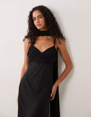 Tfnc Satin High Neck Sheer Hem Chiffon Scarf Detail Maxi Dress In Black