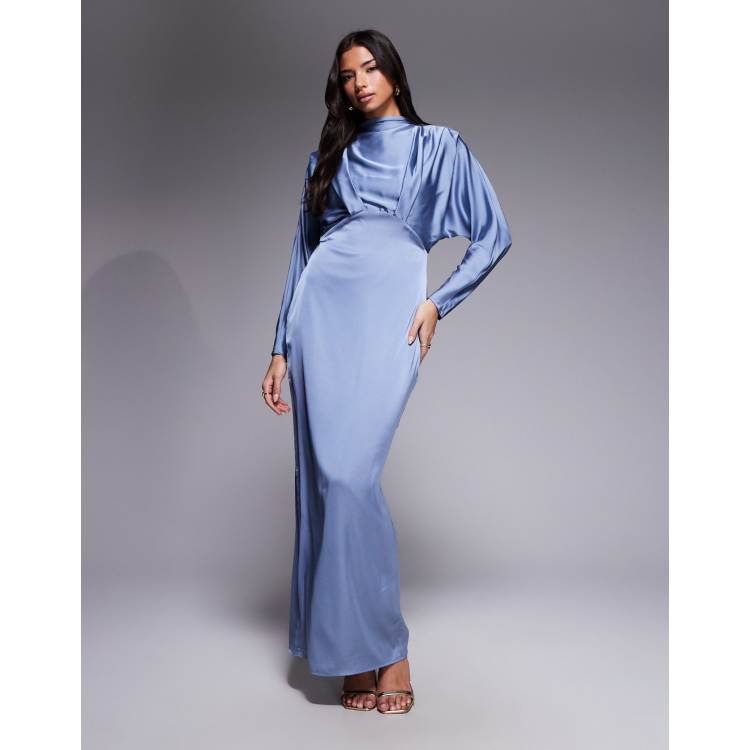 TFNC satin high neck tuck detail maxi dress in dusty blue | ASOS