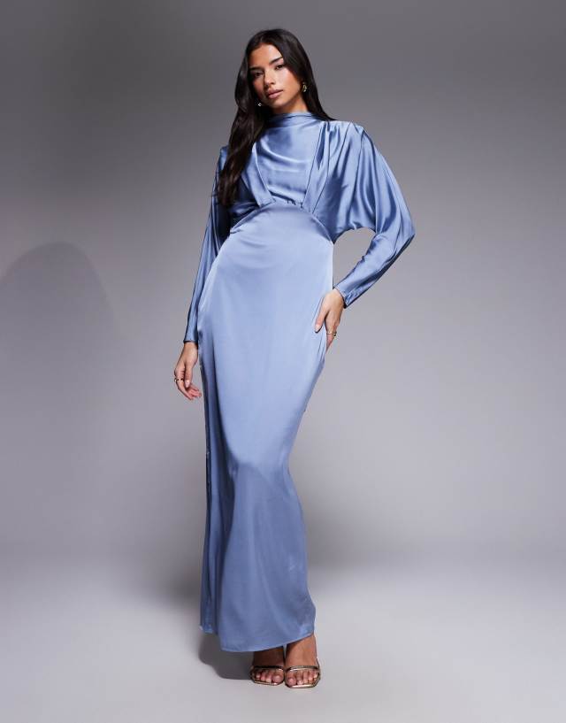 high neck dusty blue dress TFNC satin tuck detail maxi in while the sleeveless design