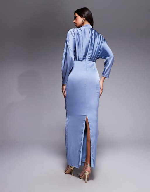 TFNC satin high neck tuck detail maxi dress in dusty blue, 2 of 4