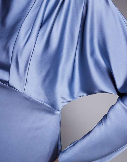 TFNC satin high neck tuck detail maxi dress in dusty blue, 4 of 4