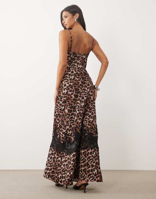 TFNC satin lace applique cami maxi dress in leopard, 4 of 4