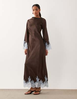 Tfnc Satin Lace Detail Maxi Dress In Brown