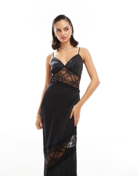 TFNC satin lace insert maxi dress in black - view 1