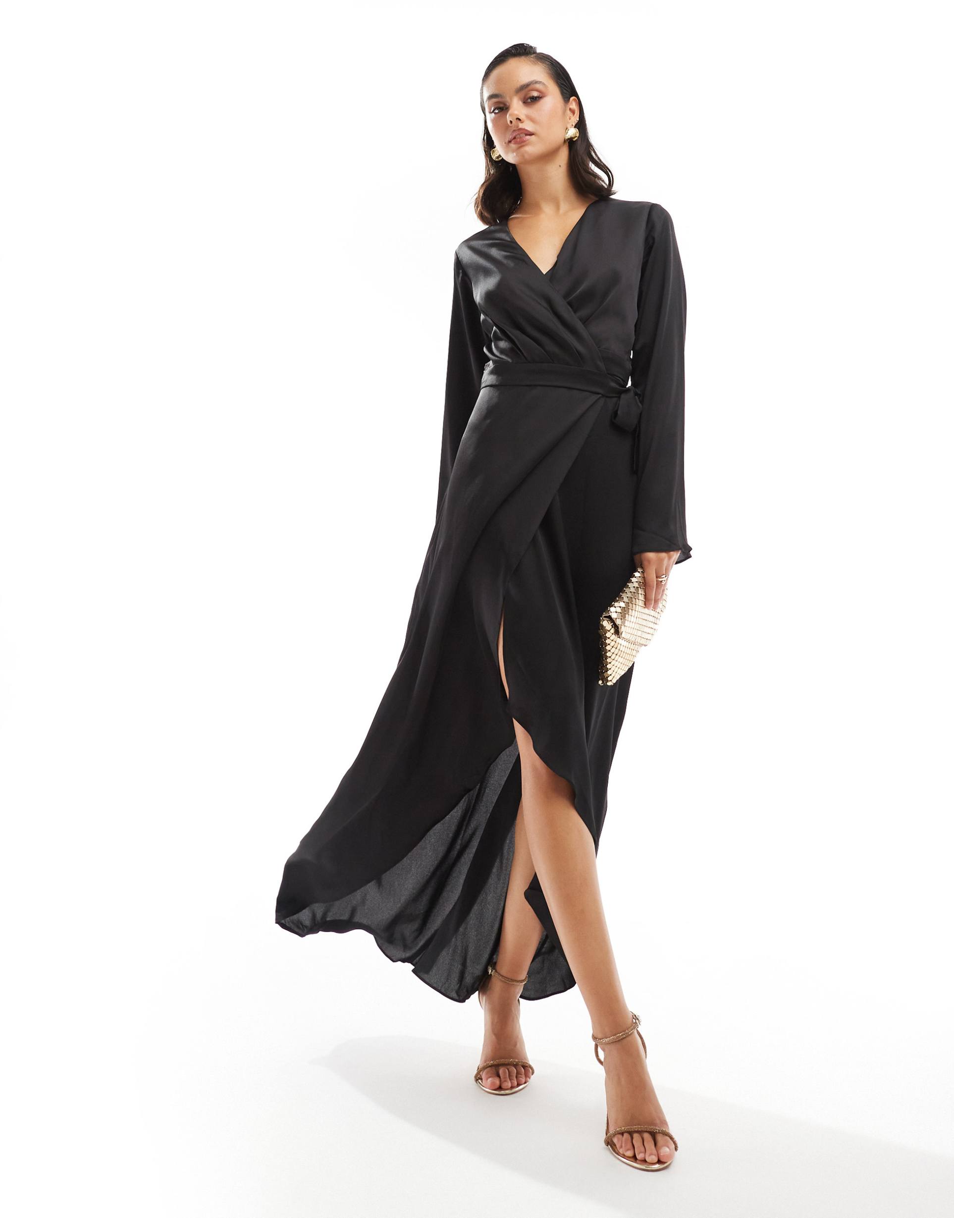 tfnc satin long sleeve wrap maxi dress in black